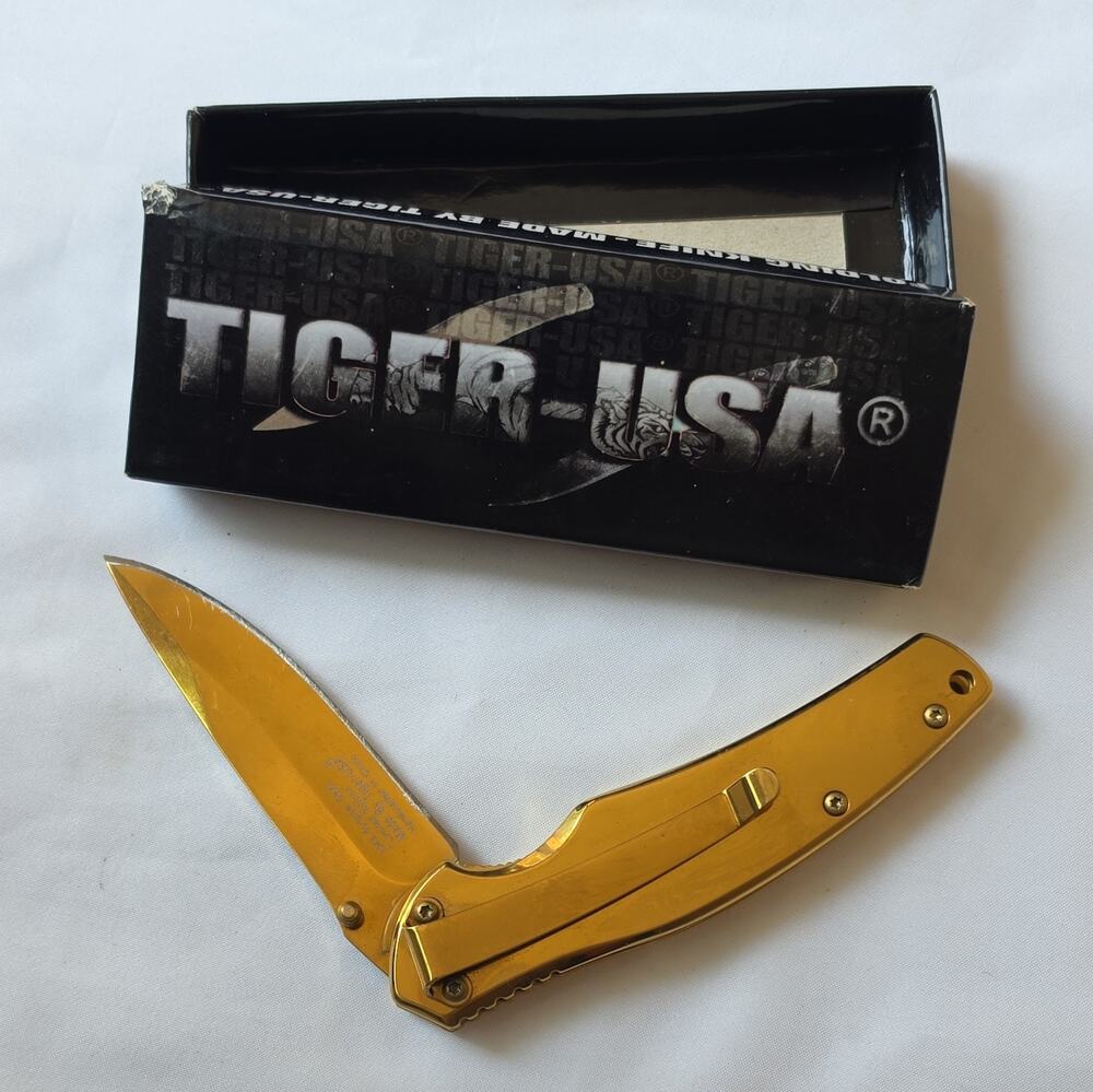 Tiger USA Folding Knife, Gold Plated, 1045 Surgical Steel Limited Edition